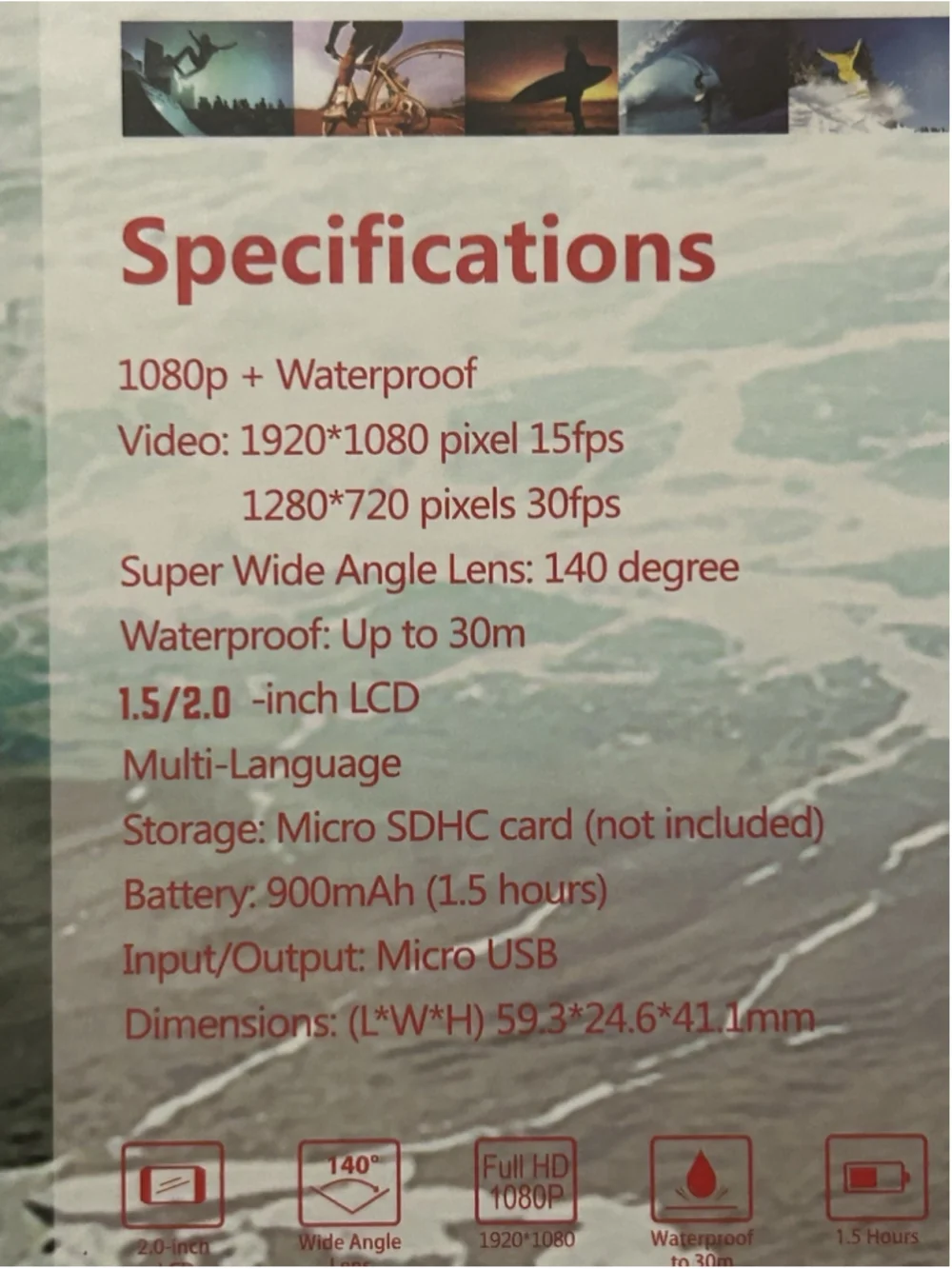 Sports Cam Full HD 1080P Waterproof 30M 2